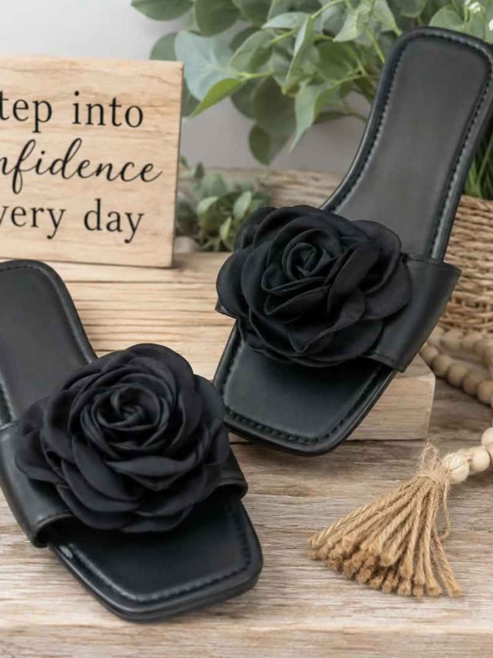 Black Floral Slide Sandals - Rosette Detail